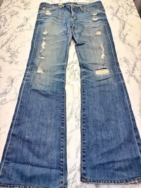 Ag Adriano Goldschmied Angel Y2K Distressed Mid Blue Low Bootcut Jeans Size 28